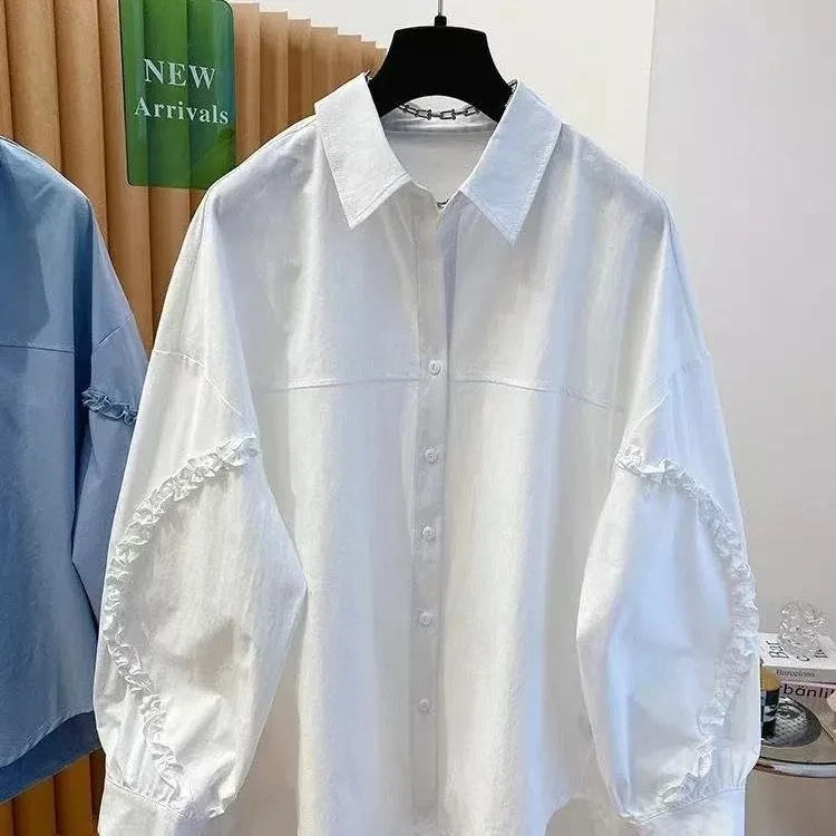 Weißes Hemd für Damen, langärmelig, Mantel, 2022, neue lockere große Abdeckung, Gesäß, Revers, Jacke, Top, koreanisches Mode-Shirt-Oberteil