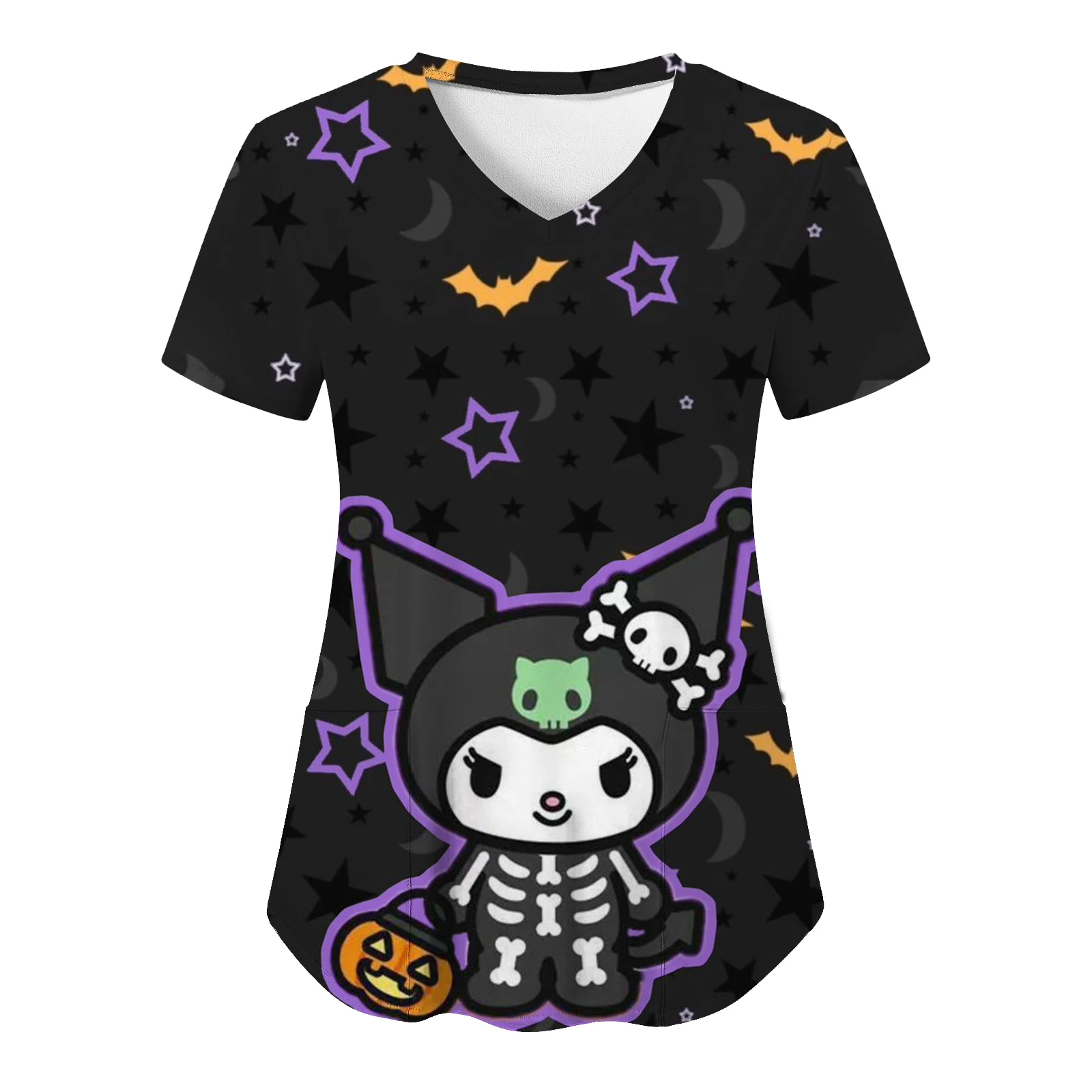 Hello Kitty Sanrio Kuromi Woman Clothing New T-shirt Women T-shirts 3D Print Top Cartoon Y2k V Neck Pocket Hospital Summer Neck