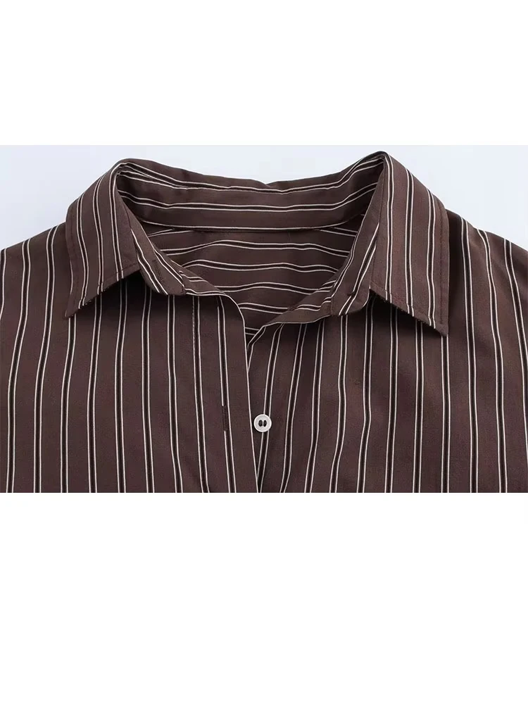 TRAFZA, blusas de otoño para mujer, camisas de calle femeninas de un solo pecho con botones de manga larga y cuello vuelto a rayas lisas a la moda
