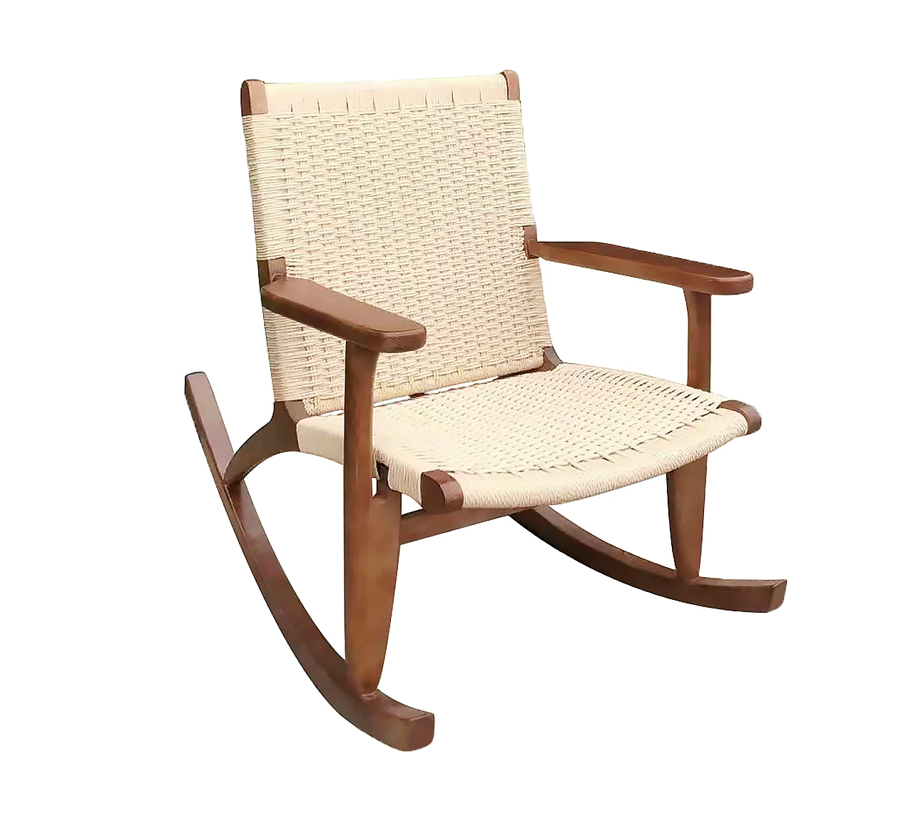 Ottoman Lounge Balcony Wooden Rope Woven Casual Armrest Rocking Chair