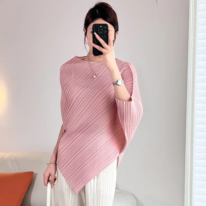 

Miyake плиссированная женская футболка нестандартной формы с короткими рукавами, эластичный свободный пуловер с круглым вырезом и завязкой на талии, топ 2DB4214