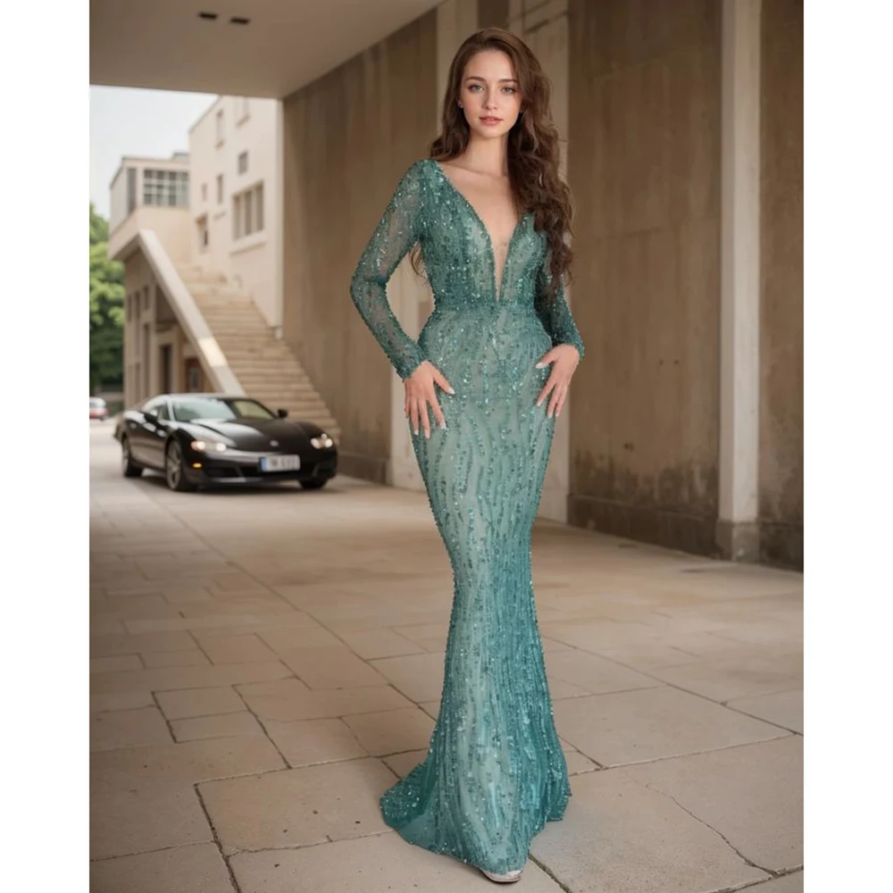 Exquisite Green Evening Dresses V-neck Floor Length Mermaid Slim Fit Full Sleeves Sequined Smart Women Banquet Prom Gowns