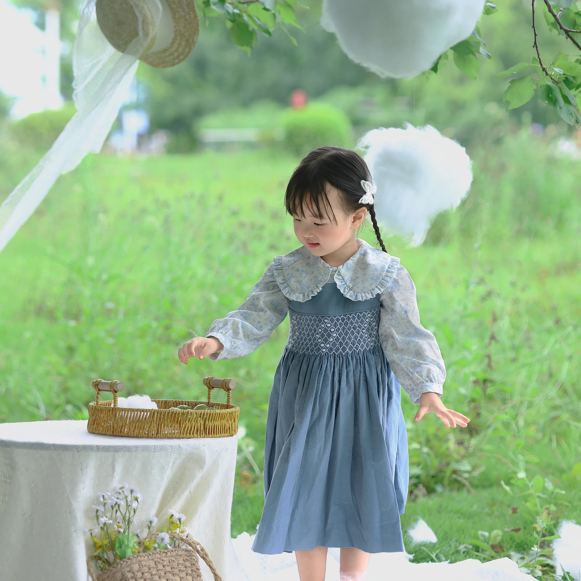 Girls Handmade Smocking 2Pcs Dress Set Blue Corduroy Vest Dress with White Long Sleeve Lapel Rabbit Print Shirt Outfit Clothing