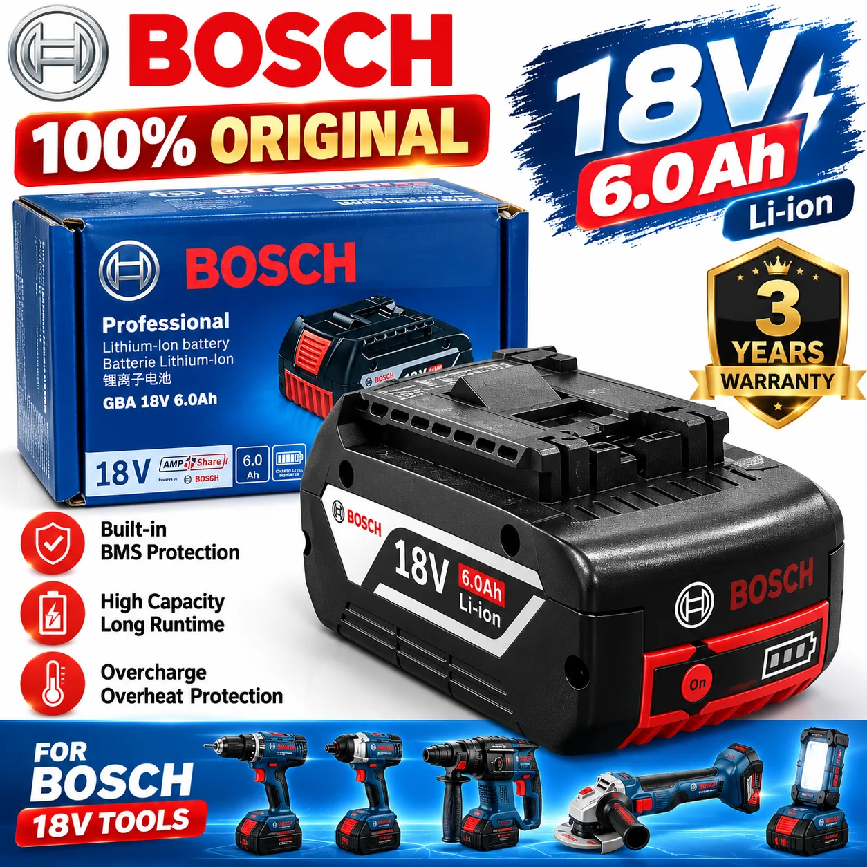 BOSCH Original 18V 6.0Ah 18650-Battery BAT609 BAT609G BAT618 BAT618G Electric Tool Rechargeable Battery◪㉿