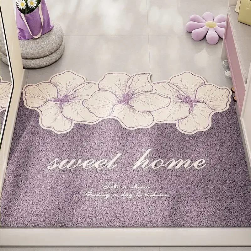 Indoor Door Mat with Circular Weave Entryway Floor Mat Washable Home Carpet Outdoor Foyer Foot Pad Purple Flower Pattern Rug