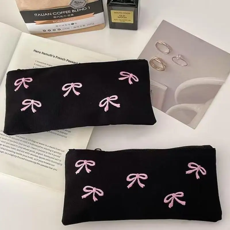 Black Canvas Pencil Pouch With Cute Pink Bow Embroidery Large Capacity For Students Stationery Storage