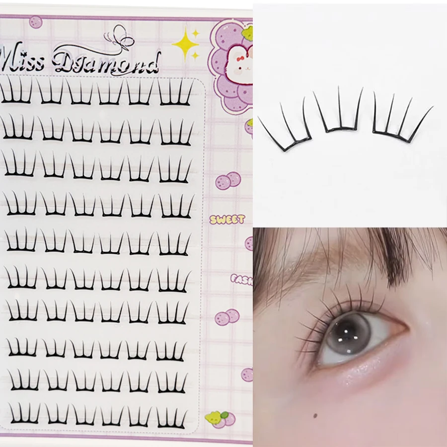 10 filas de pestañas postizas naturales densas, extensión segmentada sin pegamento, grupo coreano de mujeres con curvatura ligera, racimos de pestañas 3