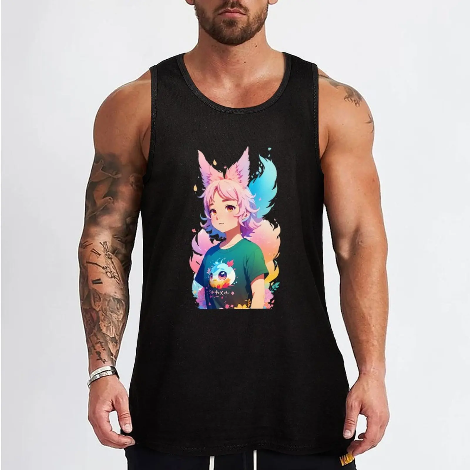 Mystical Charm: Girl with Wolf Ears in a World of Colors Tank Top Top summer Gym t-shirt man Sports shirt man t-shirt for men