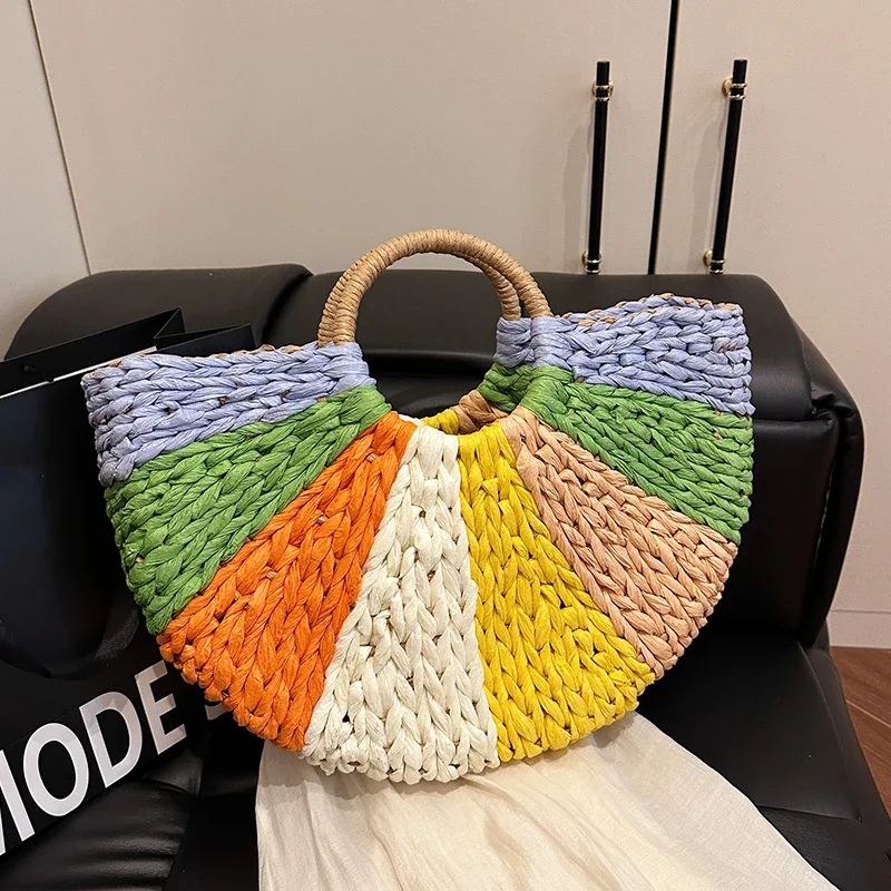 

Large Beach Straw Bag 2025 Summer Rattan Woven Handbags Half Moon Design Top-Handle Tote Ladies Travel Shopping Bag Purse Sac