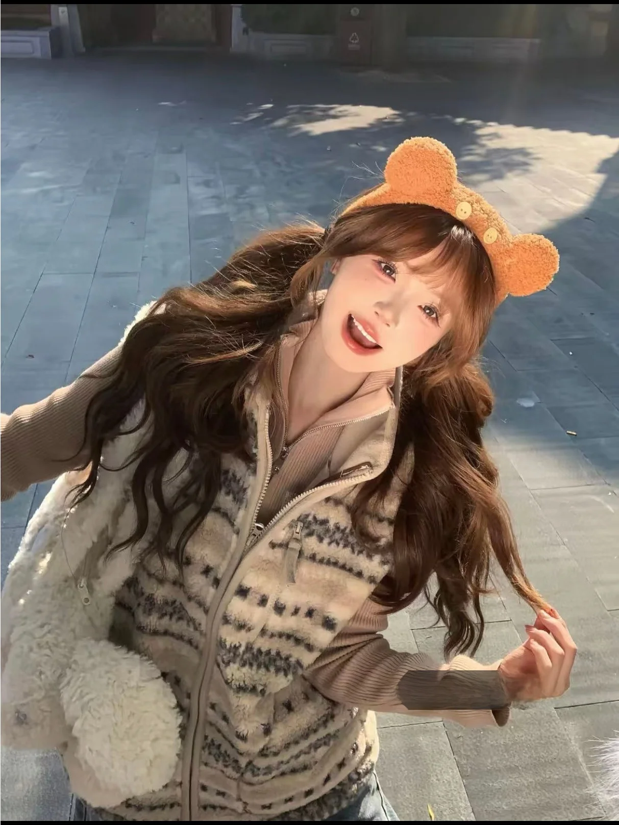 

Korean Retro Fair Isle Pattern Warm Outerwear Lamb Fur Vest Women Spring Layering Svel Stand Collar Commute Sle Slim Fit