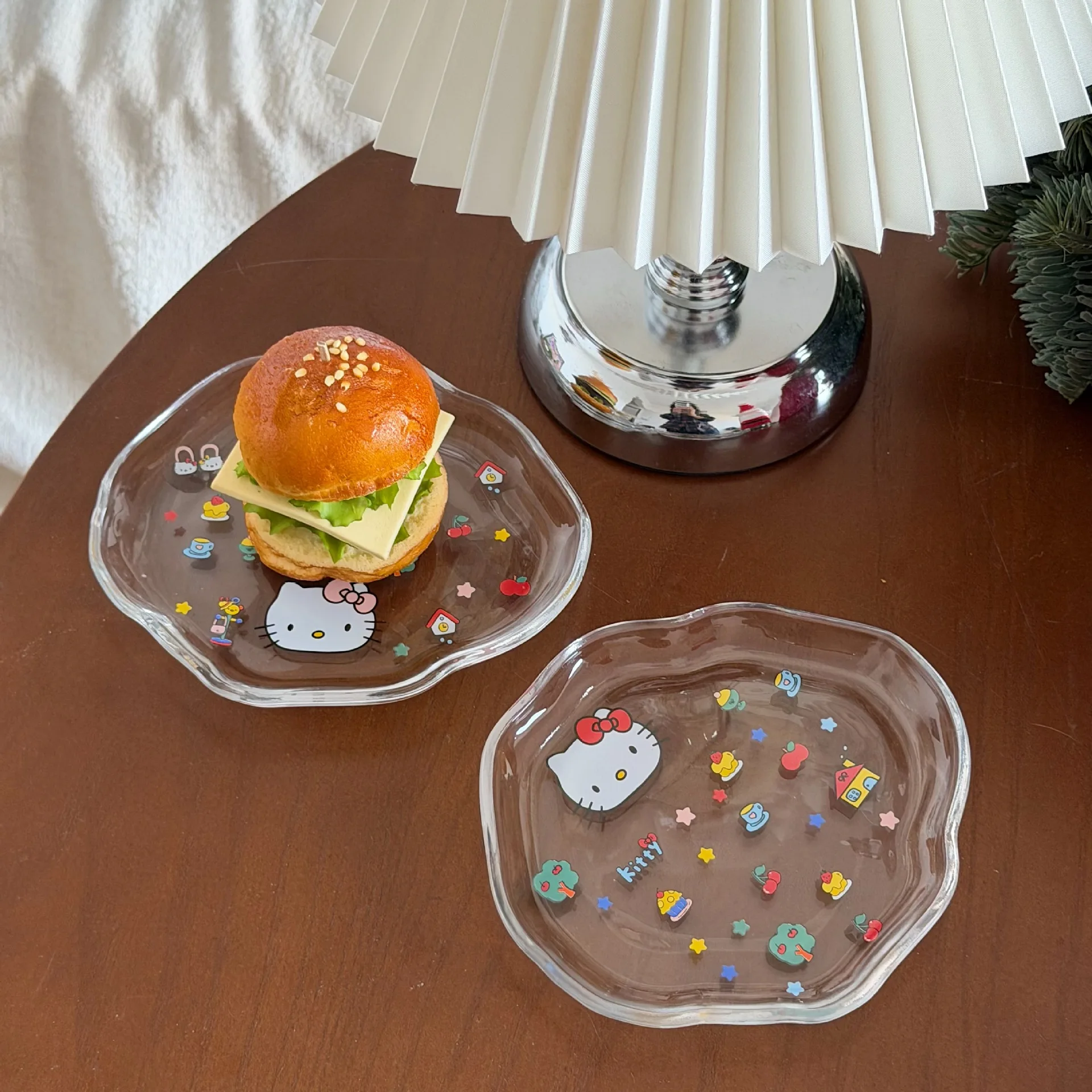 

Cute Hello Kitty Cartoon Cat Irregular Glass Plate Spitting Fresh Dinner Plate Anime Kawaii Girl Glass Plate Bow Accessory Gifts