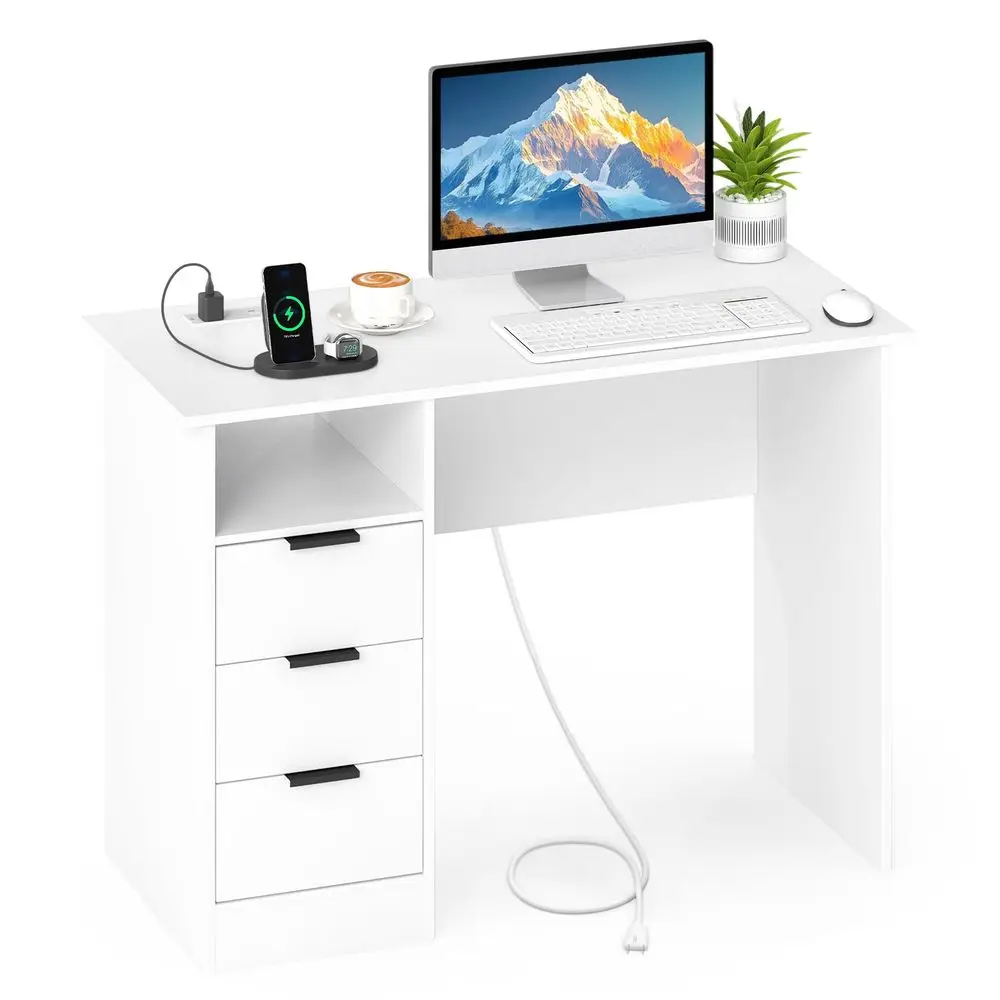 42.5 White Computer Desk, Home Office Desk with Power Outlets, USB Port amp 3 Storage Drawers, Modern Writing PC Workstation for