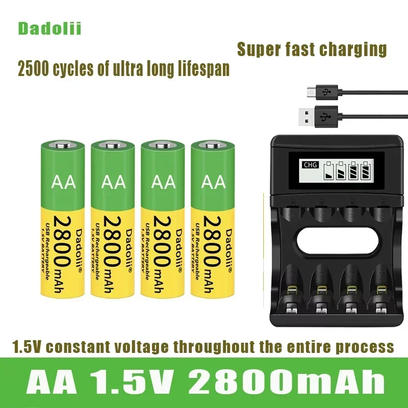 Dadolii AA 충전식 리튬 이온 배터리, 1.5V AA 2800mah, 리튬 이온 배터리, 장난감용 시계, MP3 플레이어 온도계 키보드, 신제품