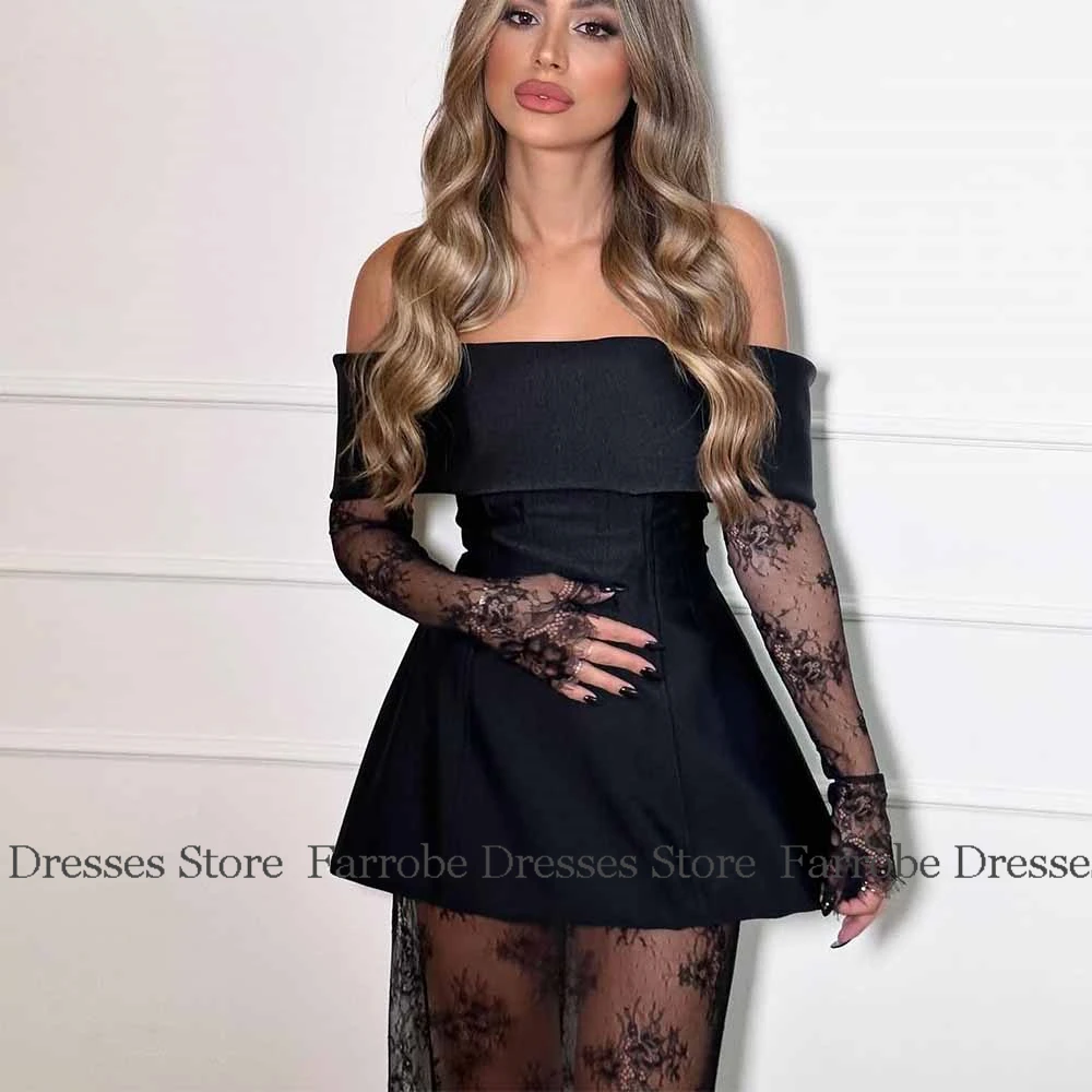 فساتين لحفلات الكوكتيل النسائية المثيرة 2025 من الساتان على شكل حرف a فساتين الحفلات باللون الأسود خارج الكتف قفازات برباط تول فساتين لحضور الحفلات الموسيقية للسيدات #1