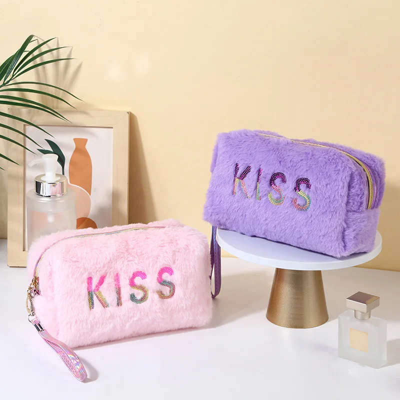 Plush Makeup Bag Cosmetic Bag for Women,Zipper Large Solid Color Travel Toiletry Bag Travel Make Up Toiletry Bag Washing Pouch