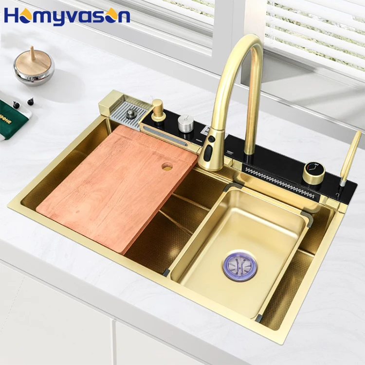 فاخر 304 الفولاذ المقاوم للصدأ Led نانو العسل الحديثة بالوعة البيانو مفتاح الذهب متعددة الوظائف الذكية شلال حوض المطبخ الرقمي