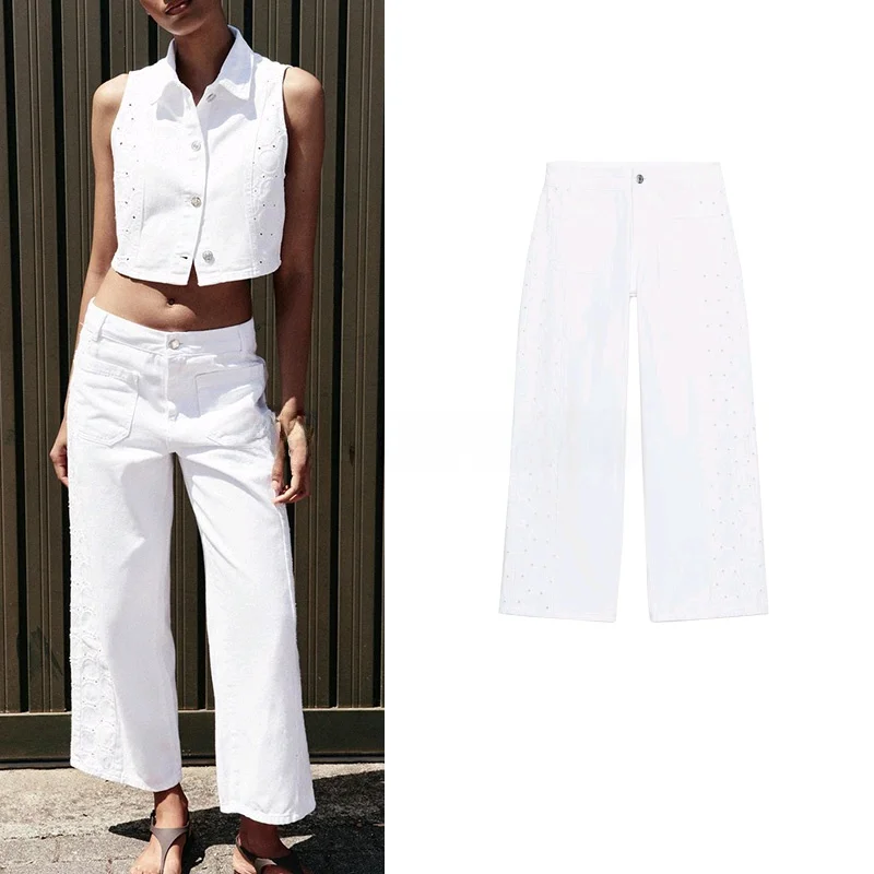 

Новые летние женские широкие джинсы с высокой талией, односторонние джинсы с вышивкой, повседневные длинные брюки свободного покроя