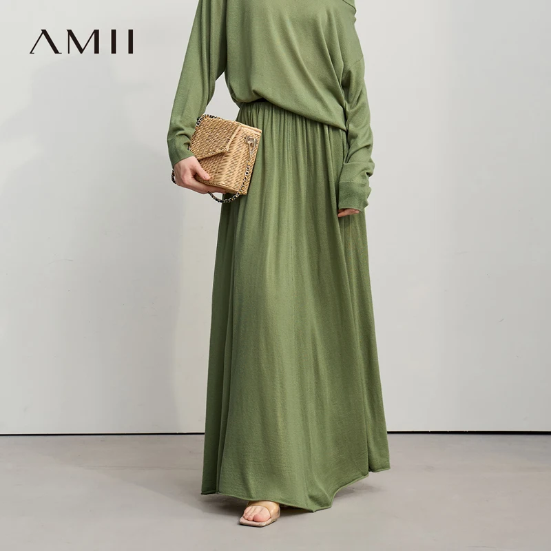 Amii Minimalist Long Skirt 2026 Spring New Solid Color Loose Skirts For Women Elastic Waist A-Line Knit Woman Clothes 12651010