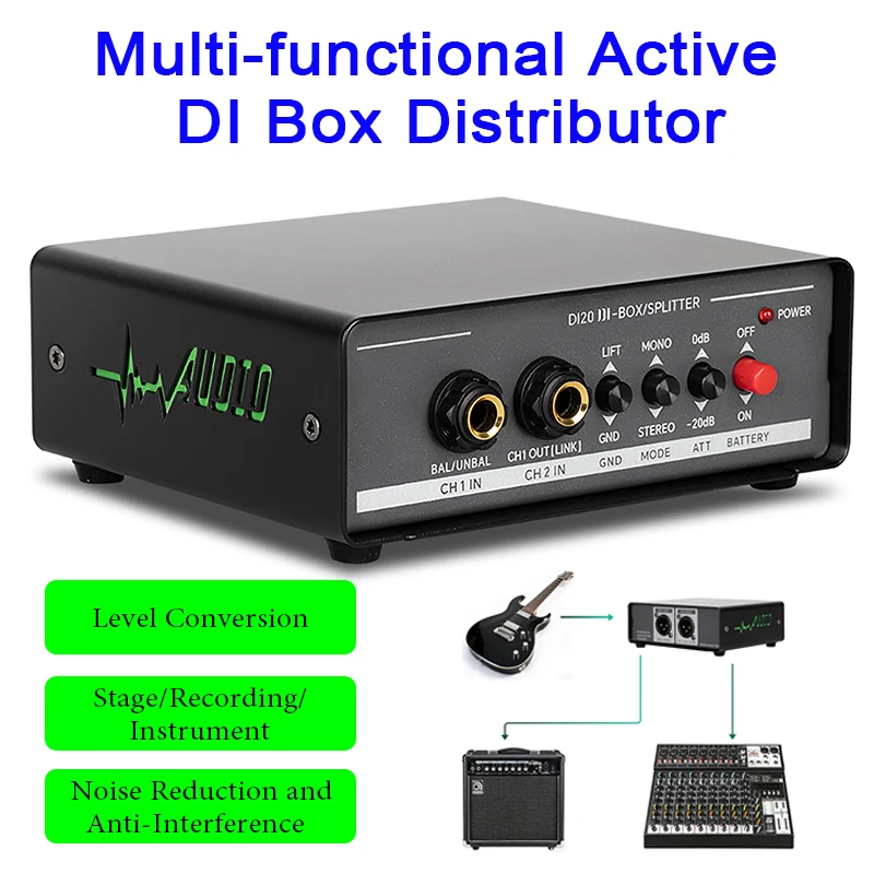 Distribuidor DI Multifuncional Activo, Dispositivo de Efectos de Señal, Distribuidor DI de Doble Canal Balanceado para Guitarra e Instrumentos