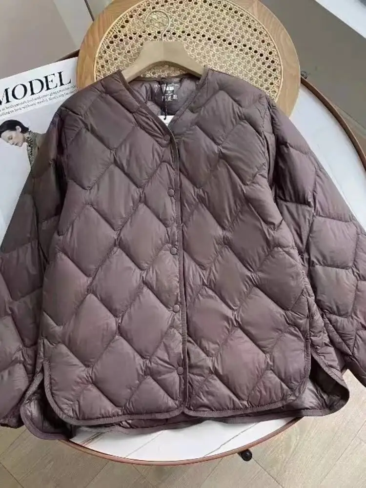 Women Lightweight Down Jacket Diamond Grid Collarless Autumn Winter White Duck Down Thickening Casual Down Coat Female Outwear