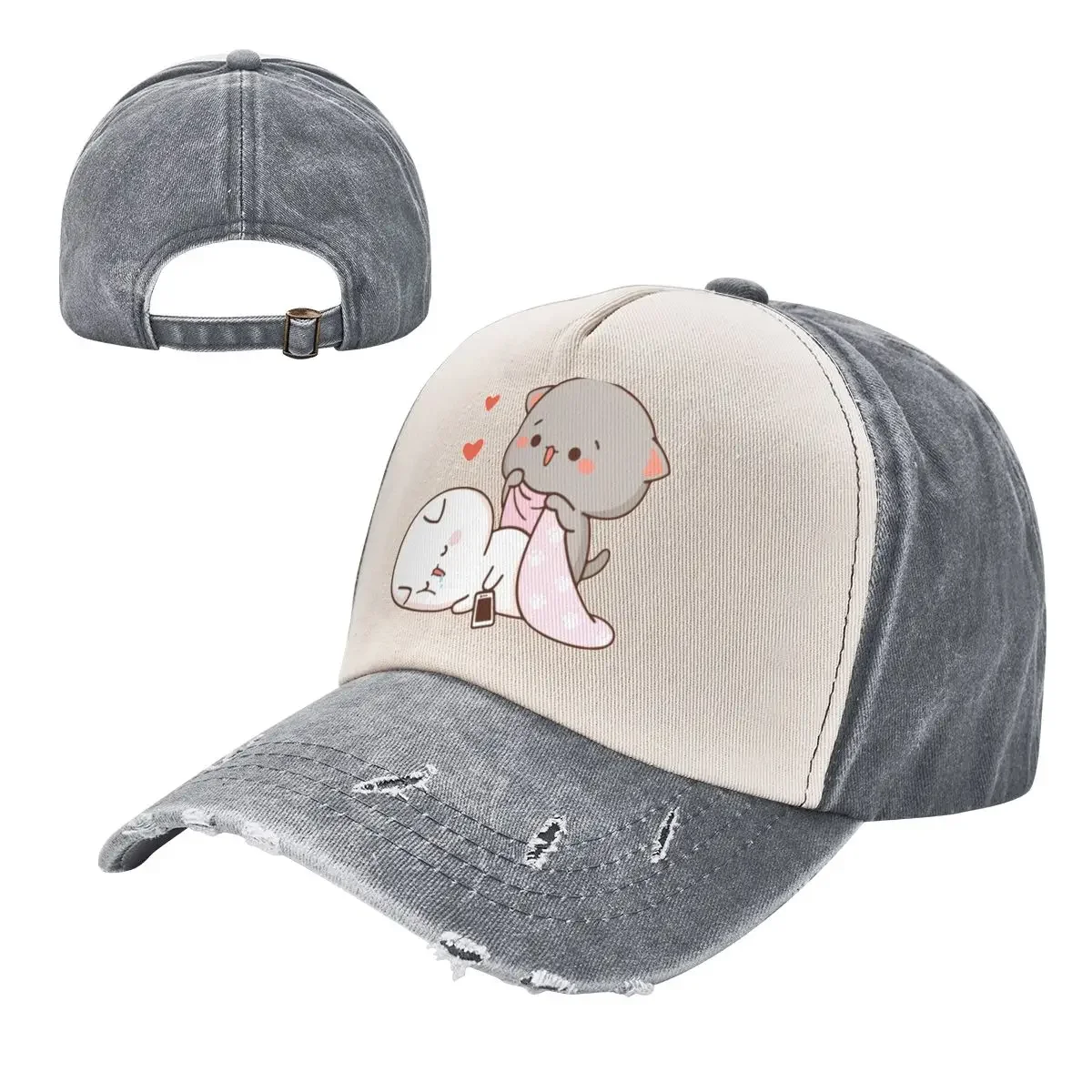 Kawaii Peach And Goma Mochi Drooling Baseball Caps Men Women Distressed Washed Snapback Hat Cartoon Cat Outdoor Gift Hats Cap