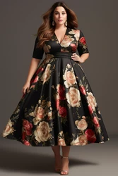 Flycurvy Plus Size Wedding Guest Black Satin Floral Print V Neck  Half Sleeve Tea-Length Dress