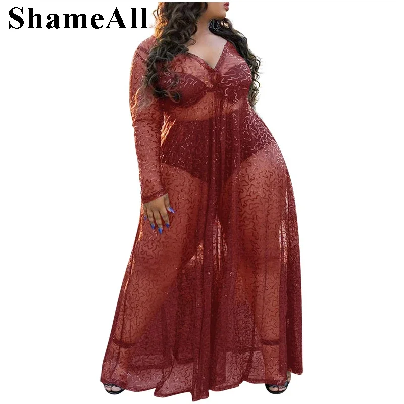 Plus Size Sequined Long Maxi Dres 4XL Summer See Through Red Sexy V Neck Transparent Floor Length Dress Club Party Robe Vestidos