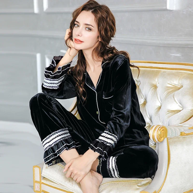 Women's Mulberry Silk Velvet Pajamas Set Winter Warm Long Sleeve Long Pants Comfortable Loungewear Sleepwear Home Outfit Pajama