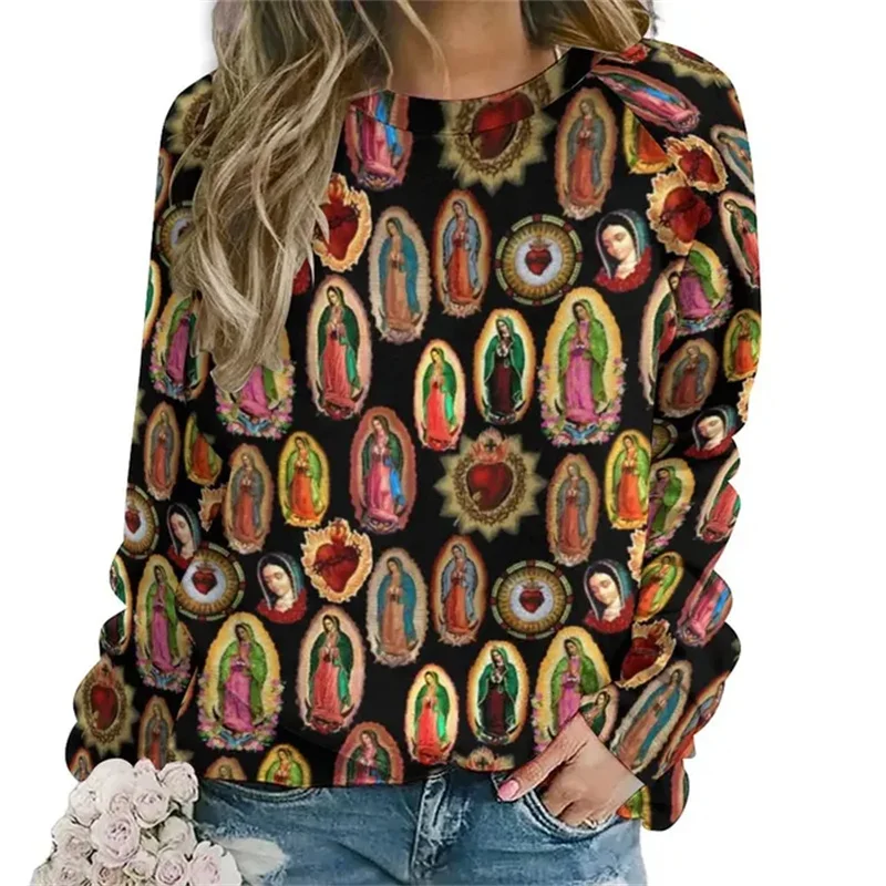 Vintage 3D Printing German Diego De Guadalupe Virgin Mary Sweatshirts For Women Unisex Fashion Streetwear Round Neck Hoodies Top