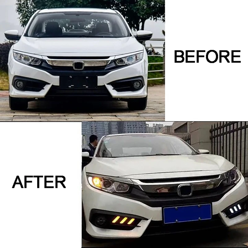 1Pair Car LED Daytime Running Light Fog Lamps Turn Signal For Honda Civic 10th Gen Sedan 2016-2019