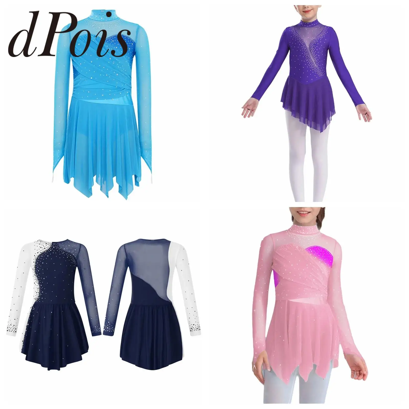 Children Figure Skating Dress Girls Rhinestone Mesh Ballet Dress Lyrical Dance Costume Kids Modern Dancewear Ice Skating Clothes
