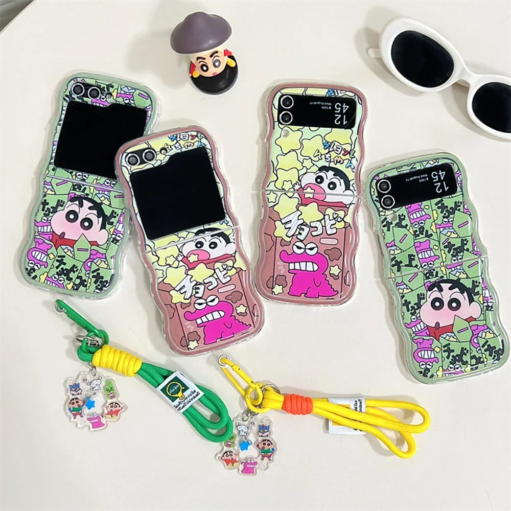 Anime S-Shin-chans With Hanging Tag Phone Case for Samsung Galaxy Z Flip 3 4 5 Z Flip 6 5G PC Hard Anti-fall Back Cover Girl