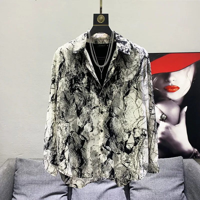 WVGA Summer New Man Tide Personalized Ink Flower Trendy Long Sleeve Shirt Niche Chic Casual Turn-Down Collar Tops Ins Y2K W20481