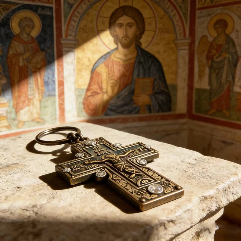 

Orthodox Crucifix Cross Keychain Vintage Bronze Double Sided Blessed Holy for Car Key Ring Religious Protection Amulet Catholic