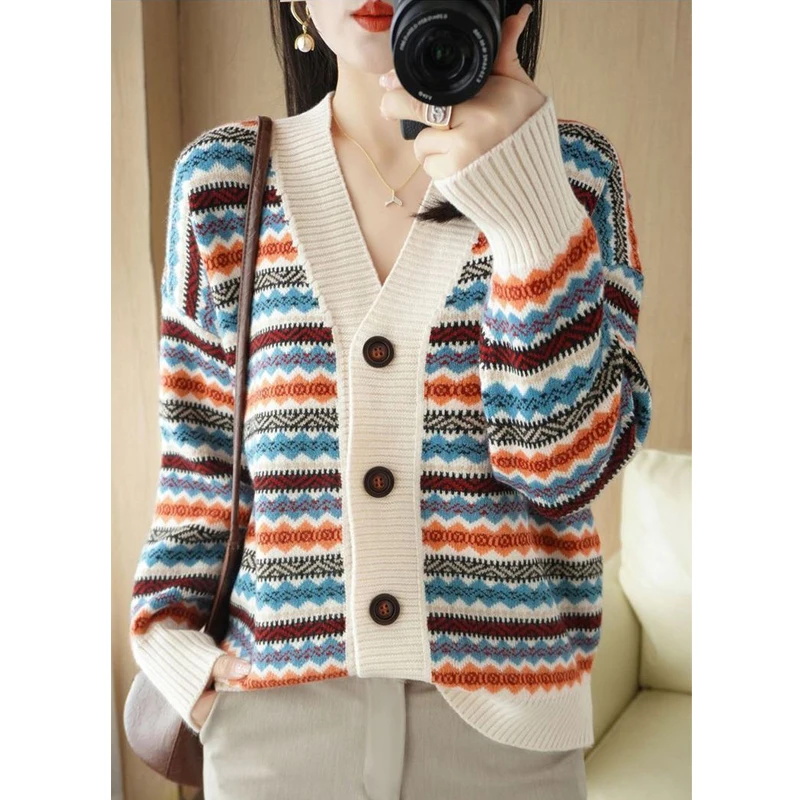 Women Trendy Vintage Striped Patchwork Button Knitted Cardigan Autumn Winter Female Casual V Neck Long Sleeve Loose Sweater Coat