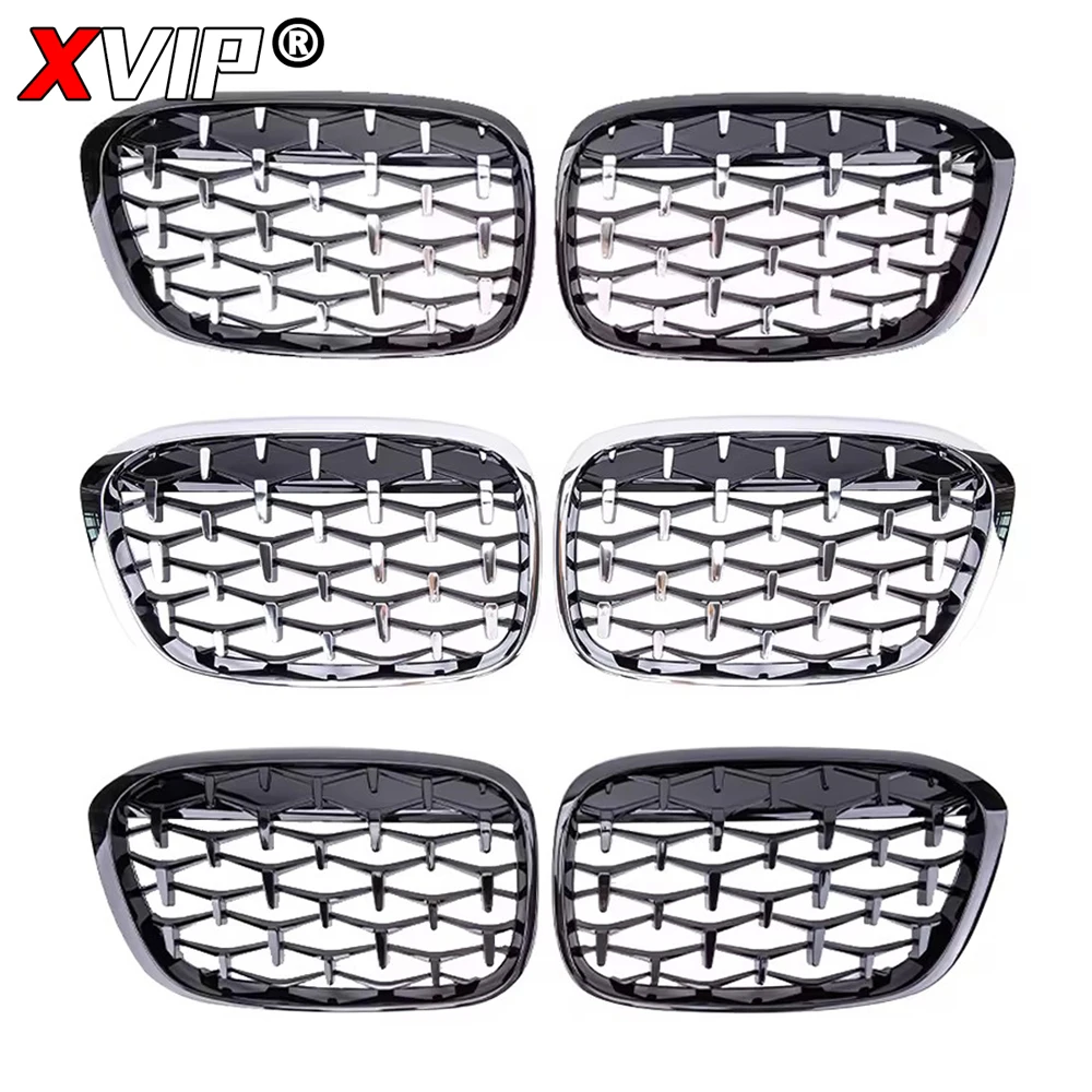 XVIP Chrome Silver Diamonds Style Front Bumper Kidney Grilles For BMW X1 F48 F49 2016-2019 Shiny Double Line Style Upper Grills