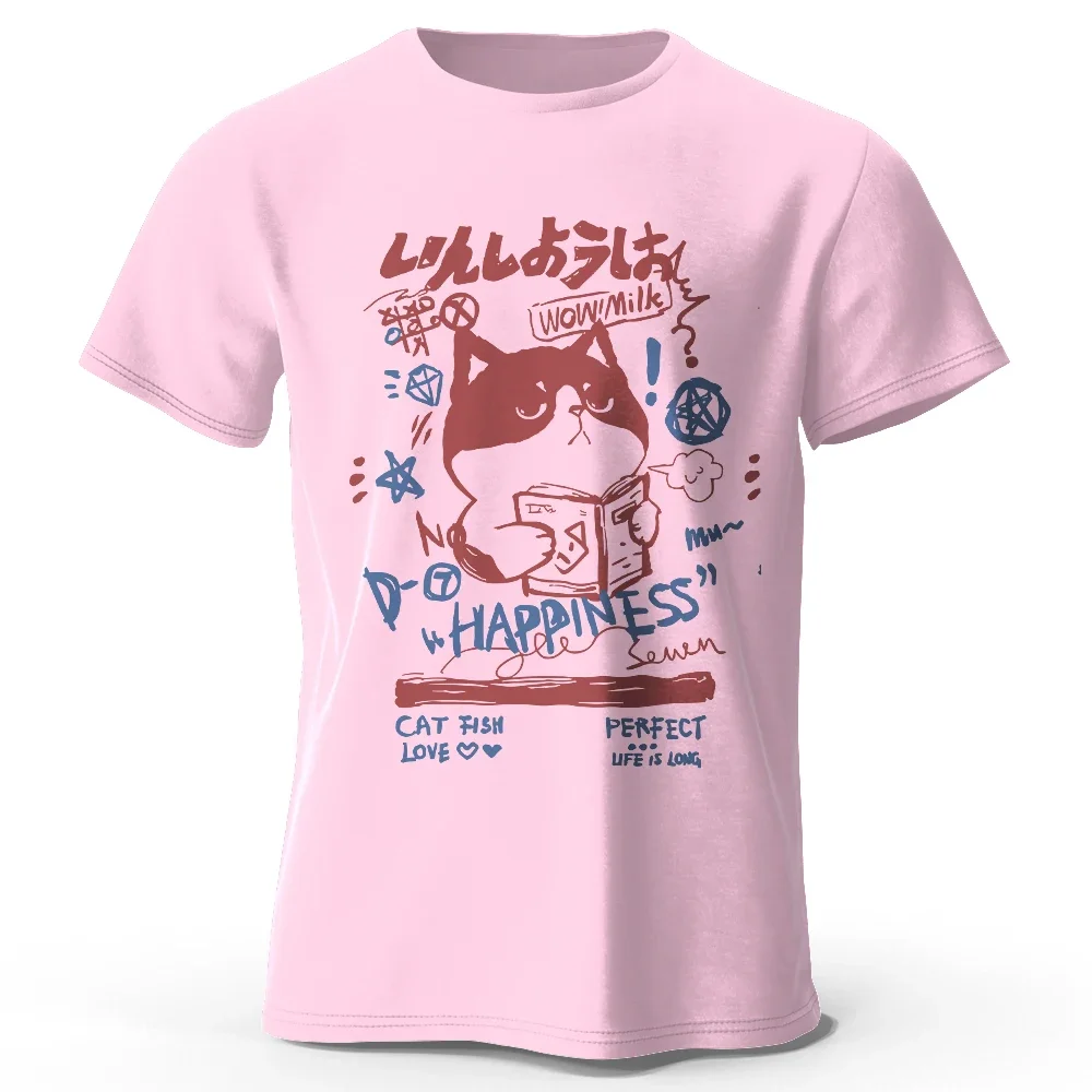 Kawaii Cat Doodle Harajuku Printed 100% Cotton T-Shirt, Soft & Breathable Round Neck Short Sleeve Tee Unisex Cute&Artistic Style - view 3