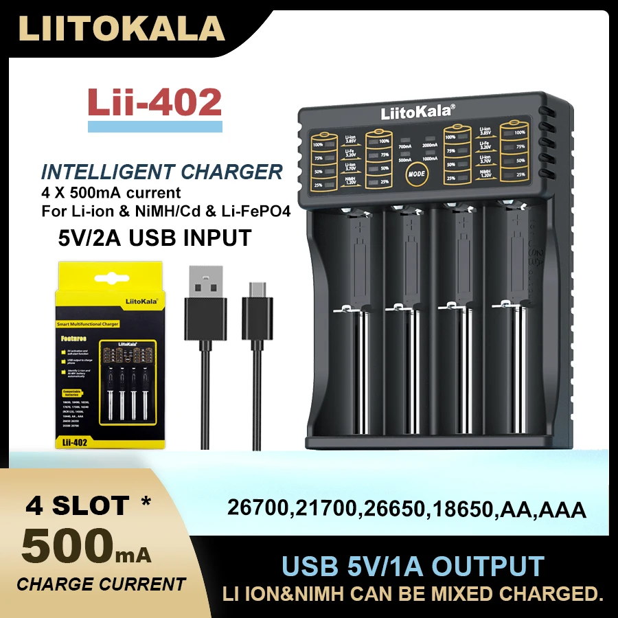 

1-5PCS Liitokala Lii-402 18650 3.7V 3.2V 3.85V 26650 20700 14500 21700 25500 1.2V NiMH Lithium Rechargeable Battery Charger