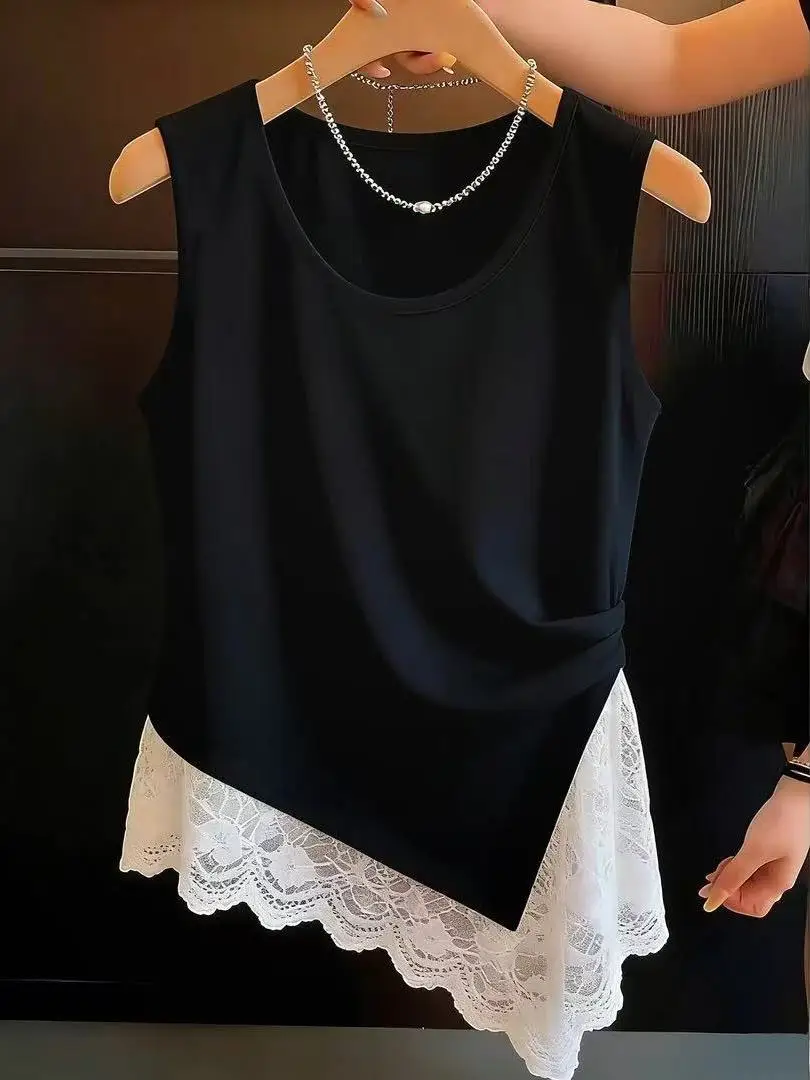Korean Style Layered Lace Trim Tank Top Women's Summer Thin Design Sleeveless Base Shirt Irregular Top Cotton Blend Moisture ...