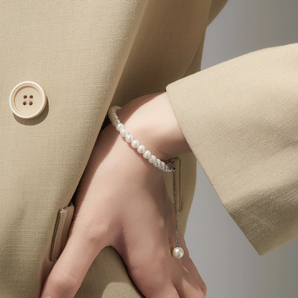 LEKANI Real 925 Sterling Silver Shell Pearl Bracelet Beads Anniversary Gift For Girlfriend Vintage Fine Jewelry For Woman