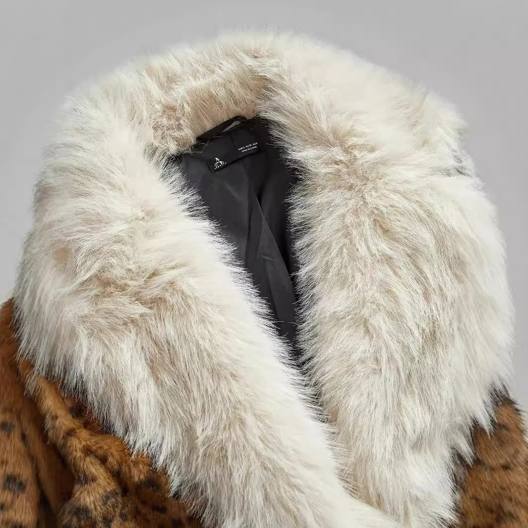 KIDCRKJ Winter Women Mink Fur Jacket Leopard Print Big Fur Collar Faux Fur Outwear For Female Long Over The Knee Lady Fur Coat
