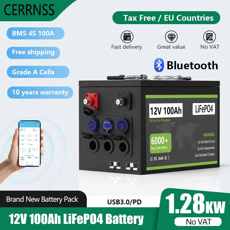 

12V 100AH 200AH LiFePO4 Battery Pack 12.8V Lithium Solar Battery With QC3.0 PD 4S 100A Bluetooth BMS Grand A Cells For RV NO TAX