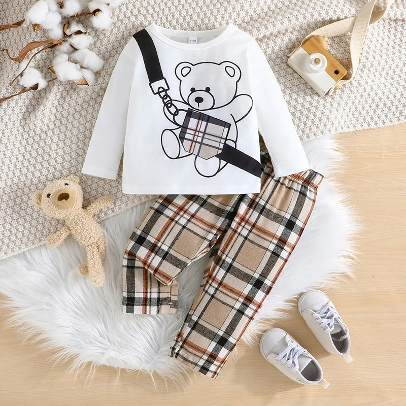 Clothing Set For Kid Boy 6-36Months Cartoon Bear Long Sleeve tee and Striped Long Pants Outfit For Newborn Baby Boy