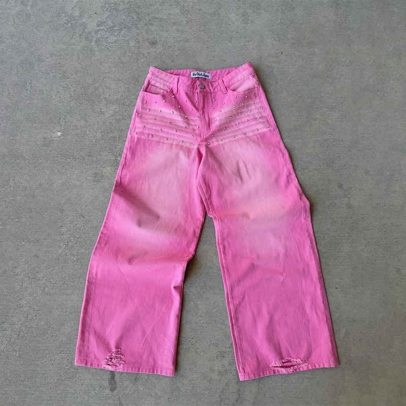 الوردي التدرج المسامير الديكور عالية الخصر خمر المتعثرة حفرة واسعة الساق الجينز Y2K الاتجاه الرجال النساء موضة غير رسمية الشارع الشهير #1