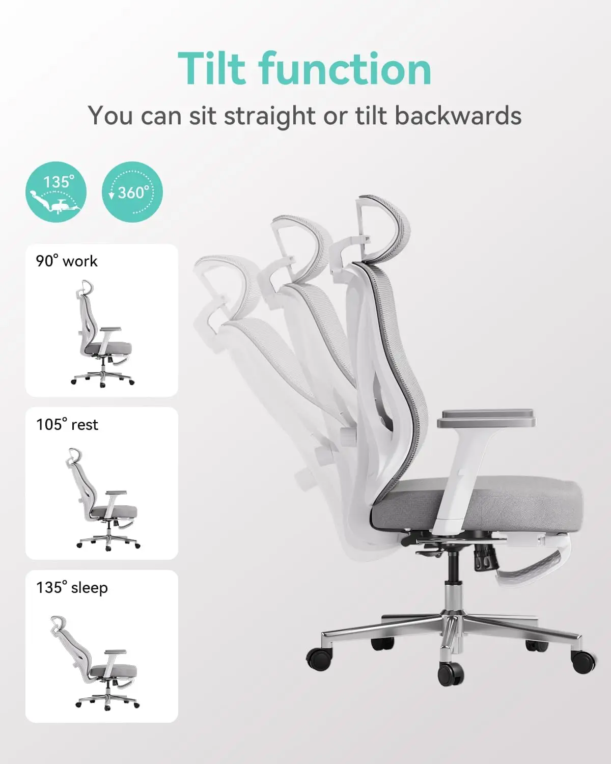 Hbada P5 Ergonomic Office Chair, Desk Chair with Adjustable Lumbar Support and Height, Comfortable Mesh Computer Chair with Footrest 2D Headrest, Swivel Tilt Function White view 6