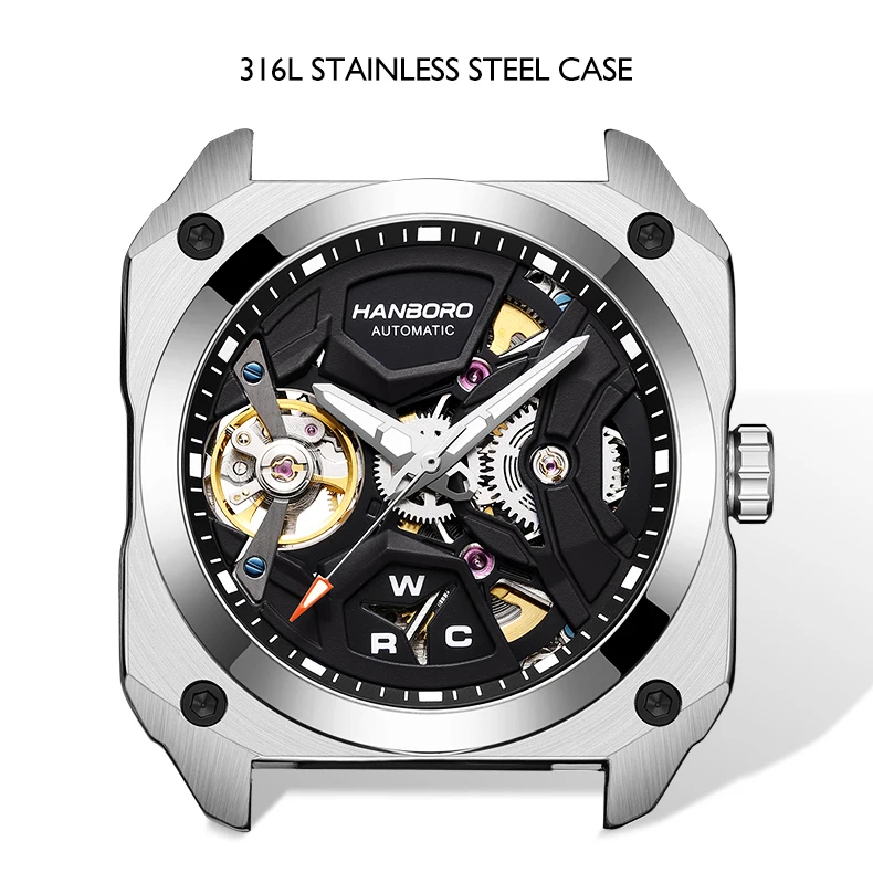 HANBORO New Men Luxury Watches Hollow out Square Automatic Watches Fashion Waterproof Luminous Trendy Mechanical Wristwatch