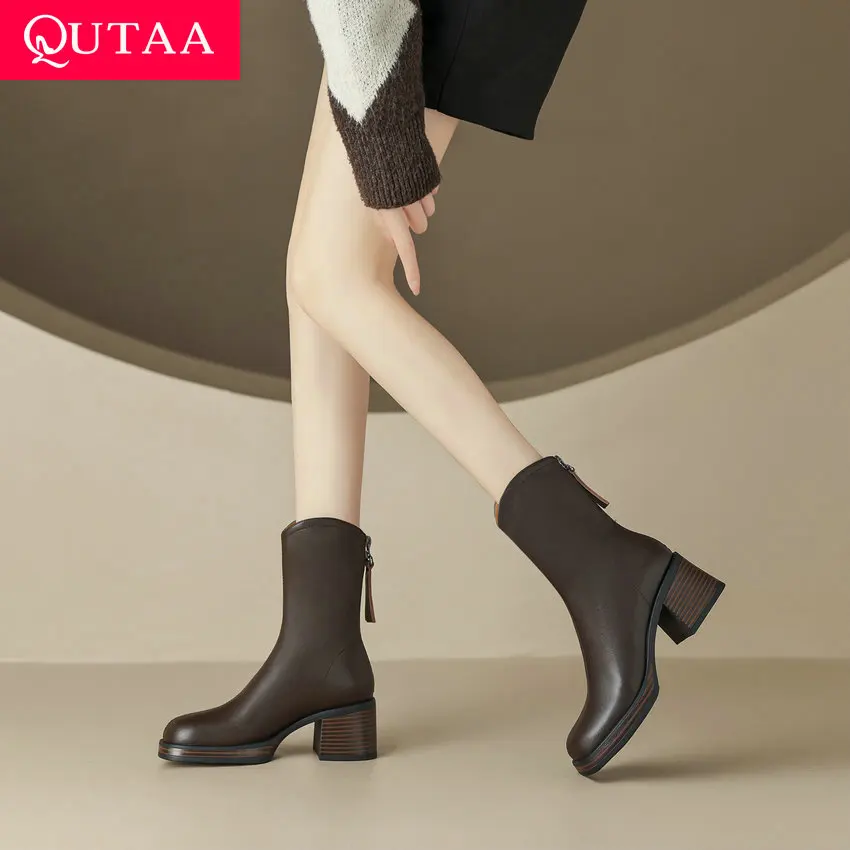 QUTAA 2024 Women Ankle Boots Autumn Winter Genuine Leather Thick High Heels Casual Office Lady Working Shoes Woman Size 34-39