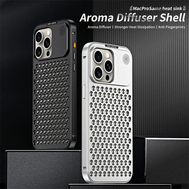 

For iPhone 16 15 Plus 14 13 12 Pro Max Metal Aluminium Hollow Cooling Aromatherapy Aromatherapy Diffuser Detachable Rear Case