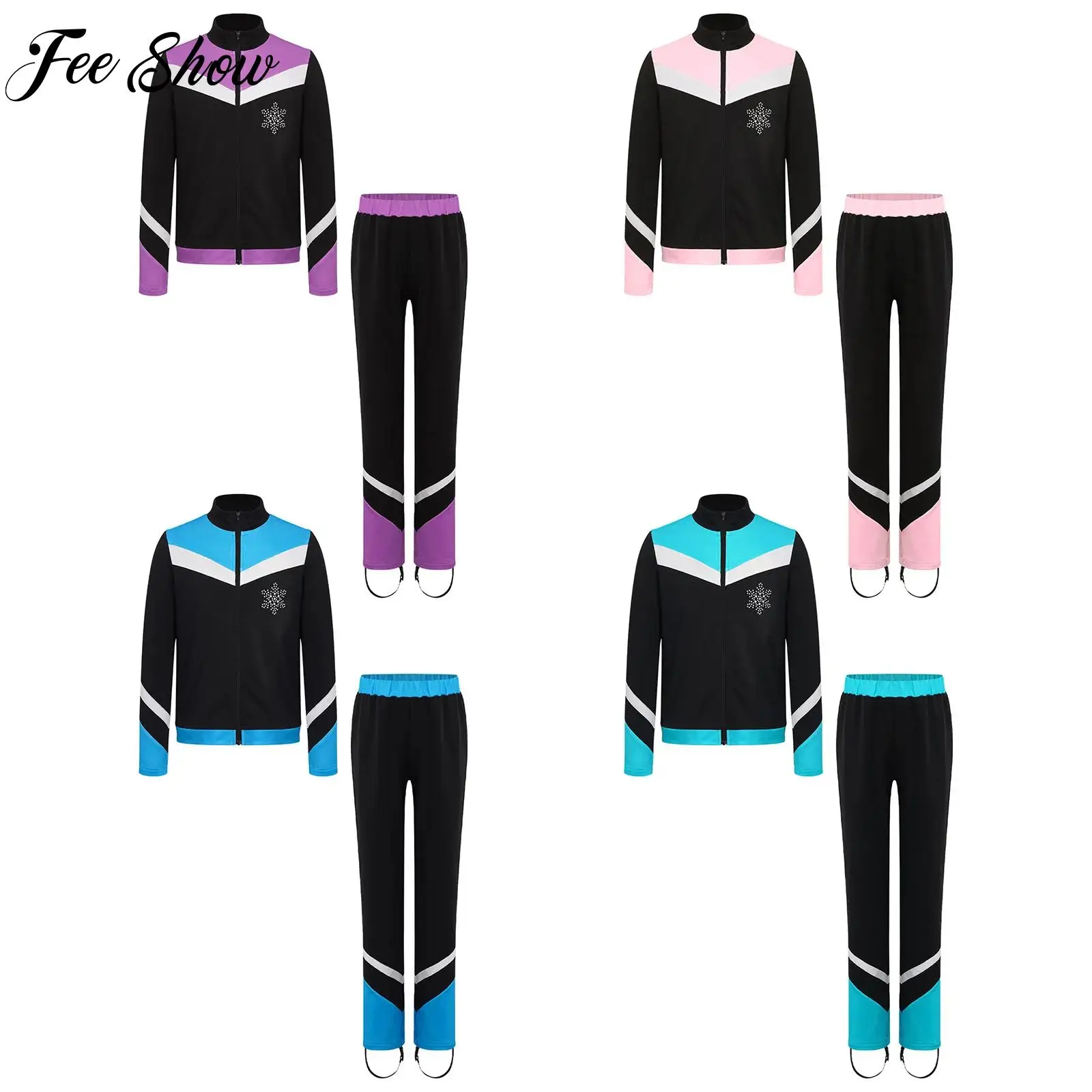 

Комплект из 2 предметов для фигурного катания для мальчиков, детский тренировочный костюм для гимнастики, флисовая подкладка с длинными рукавами и стразами, куртка со снежинками + брюки