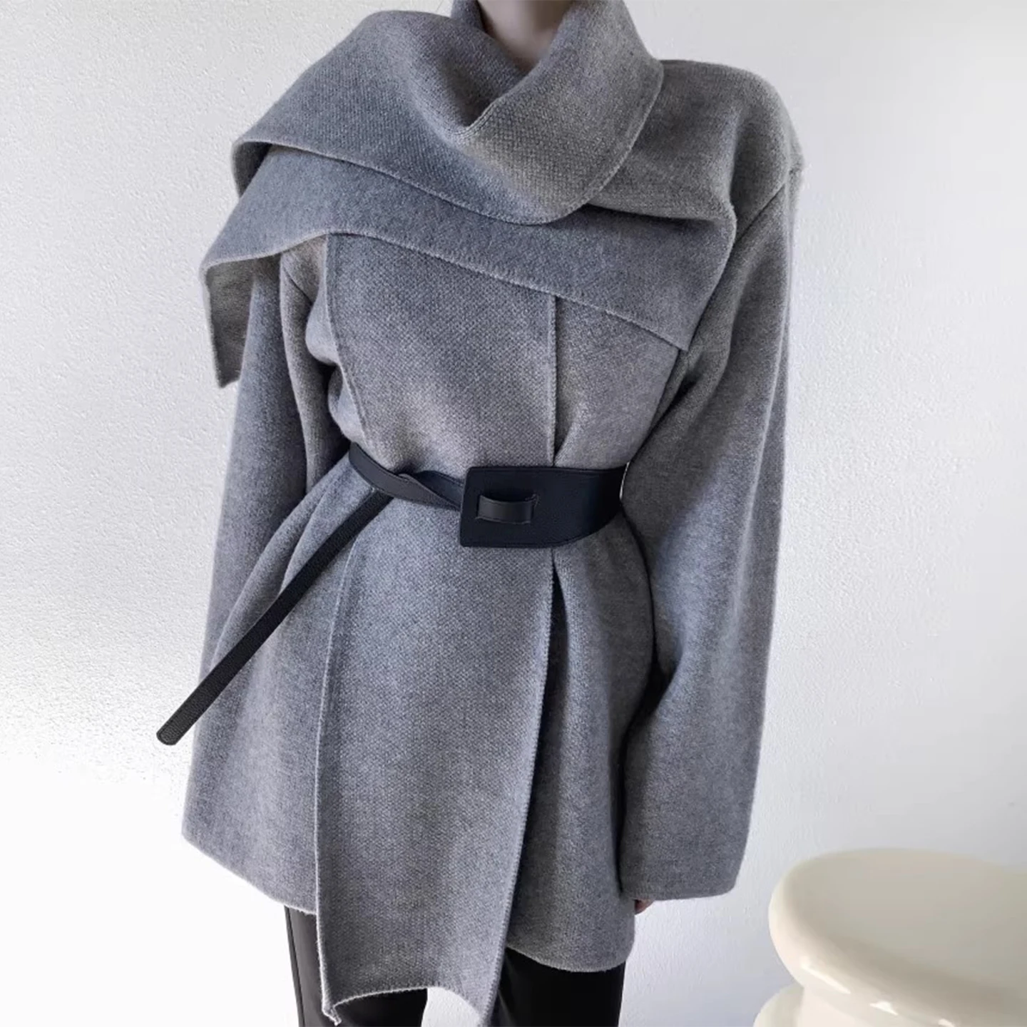 

Clothland Women Elegant Scarf Knitting Jacket Belt Long Sleeve Open Stitch White Black Female Outwear Coats Mujer CB194